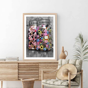 Affiche bonbons arlequins et roudoudous Affiche + cadre en bois - Chêne