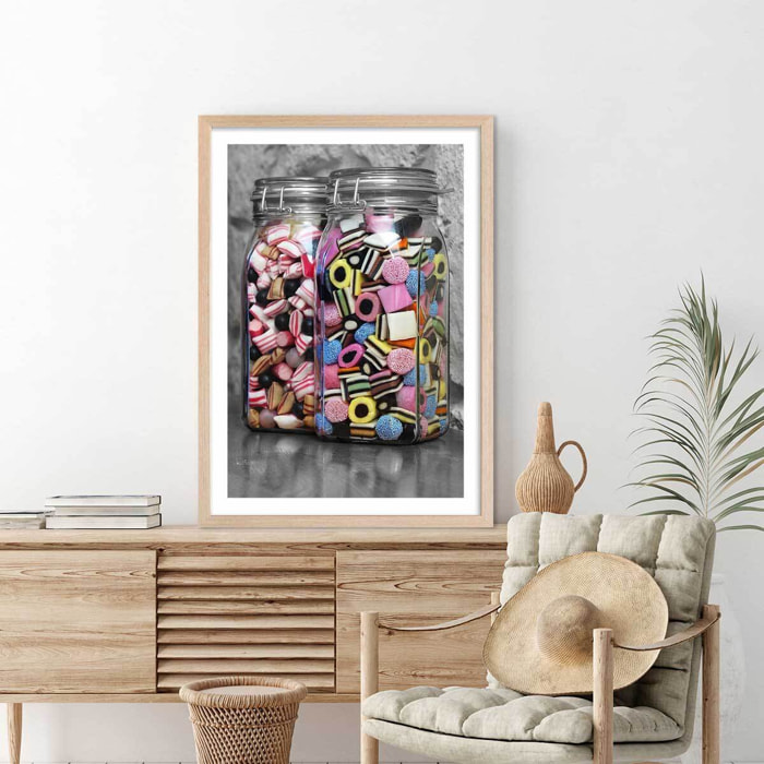 Affiche bonbons arlequins et roudoudous Affiche + cadre en bois - Chêne