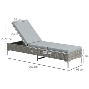 Tumbona de Ratán Reclinable Tumbona de Jardín con Respaldo Ajustable Cojín Extraíble y Lavable Carga 160 kg para Patio Terraza 202x61x29-98 cm Gris y Marrón