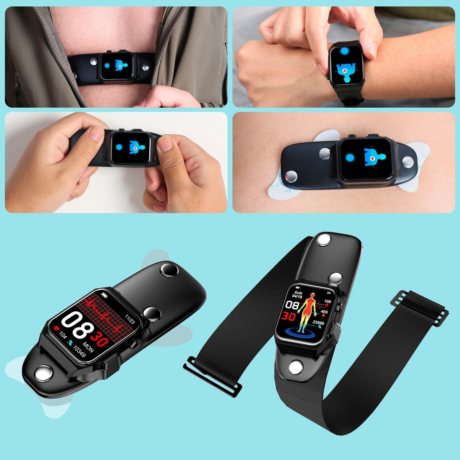 Smartwatch E530 con detección de glucosa en sangre, monitor de tensión y O2. ECG con medición en pecho. Pantalla de 1,91. Correa de cuero.