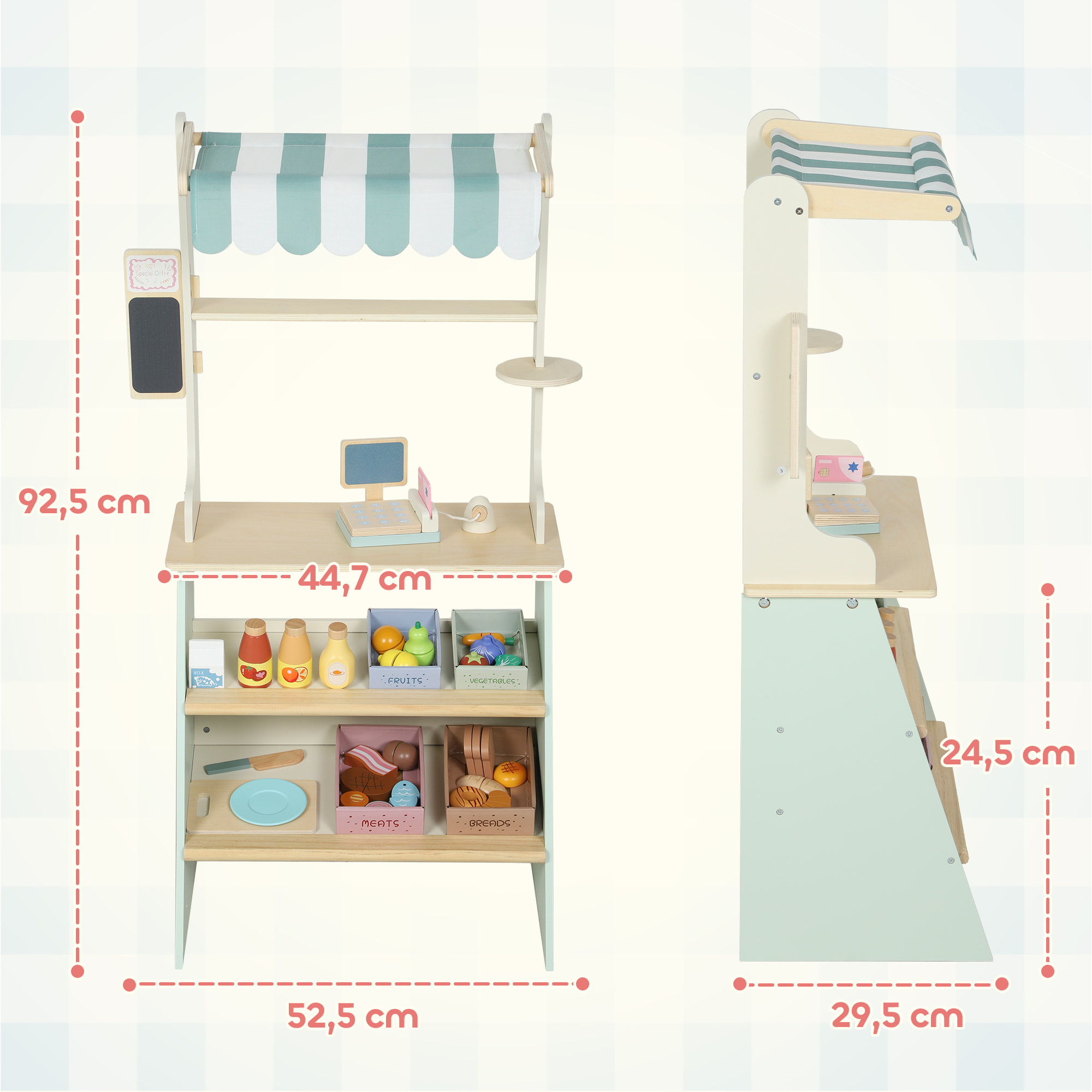 Jeu de la marchande en bois - jeu imitation supermarché enfant - nombreux accessoires - bois clair vert d'eau