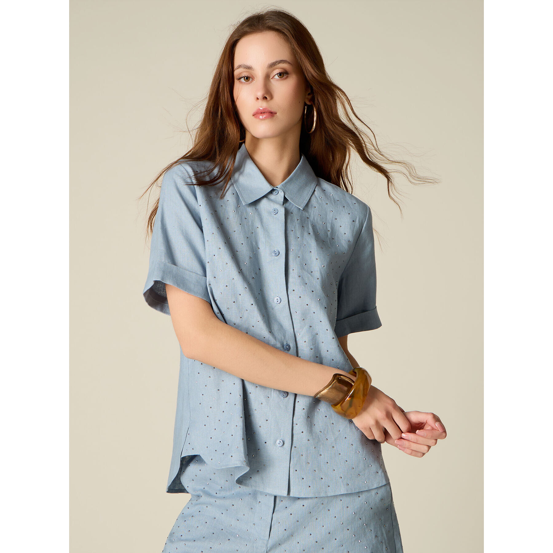 Oltre - Camicia in lino con cristalli - Azzurro