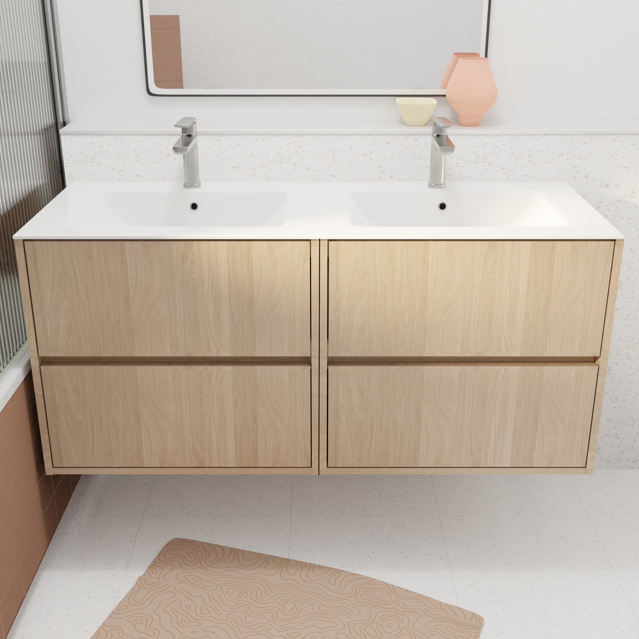 Pack Meuble Salle de Bains 120 cm Chêne Clair, 4 tiroirs avec Vasque Céramique - XENOS