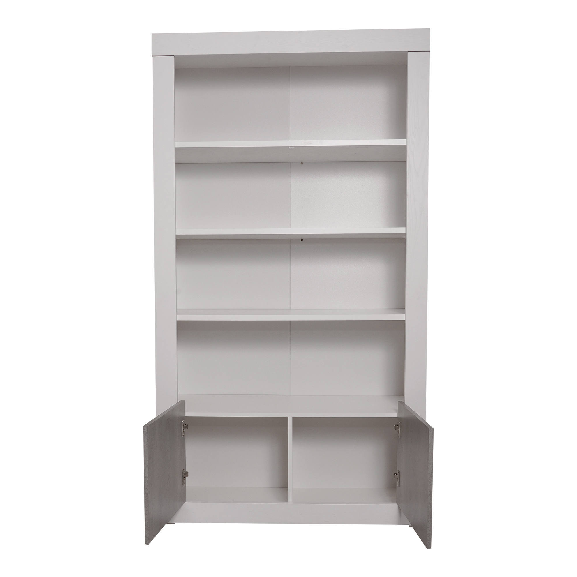 Libreria alta con 4 ripiani e 2 ante, Scaffale per libri e documenti, Libreria portaoggetti da ufficio, cm 105x42h191, colore Bianco e Cemento