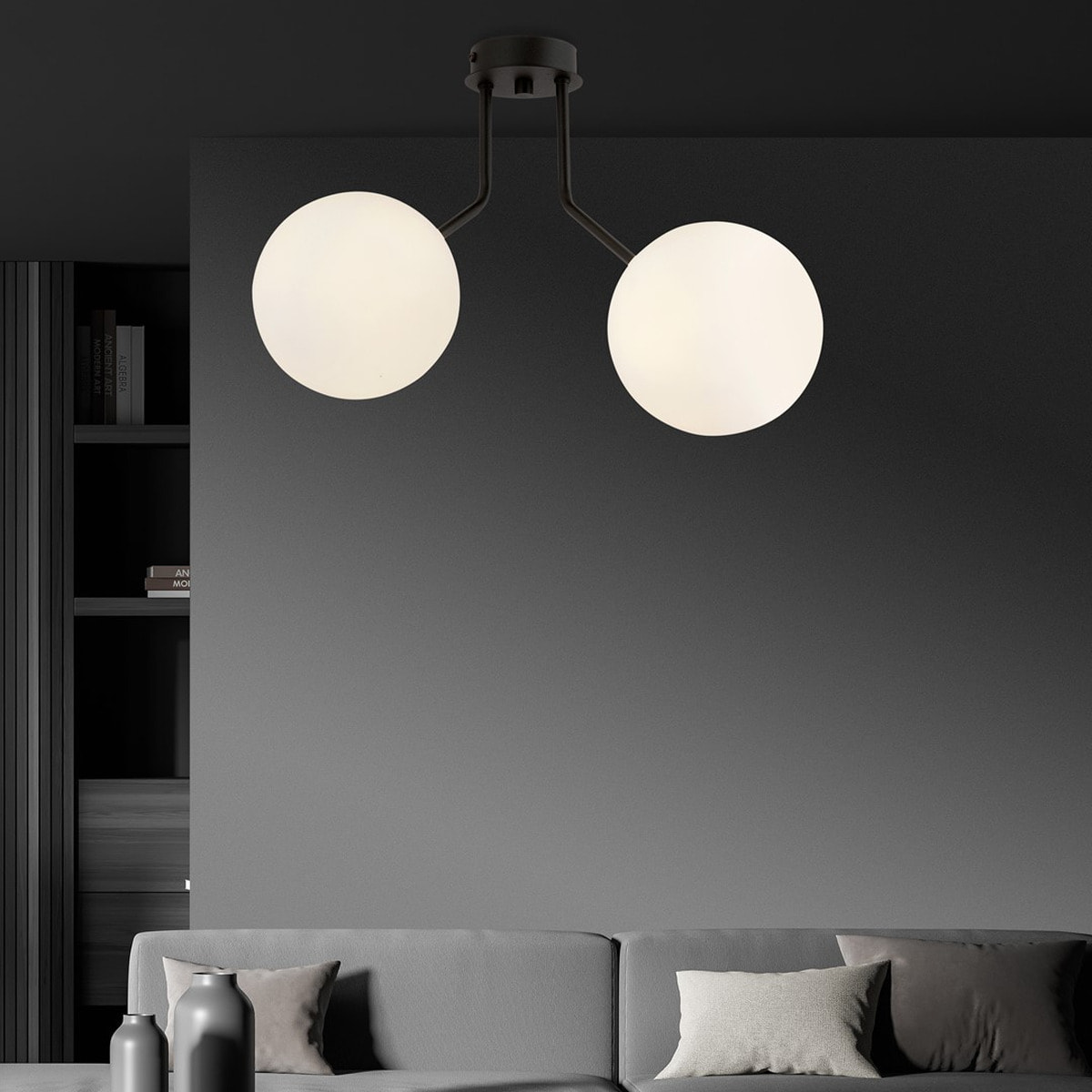Lampada a sospensione Nova in acciaio nero con diffusori in vetro opalino