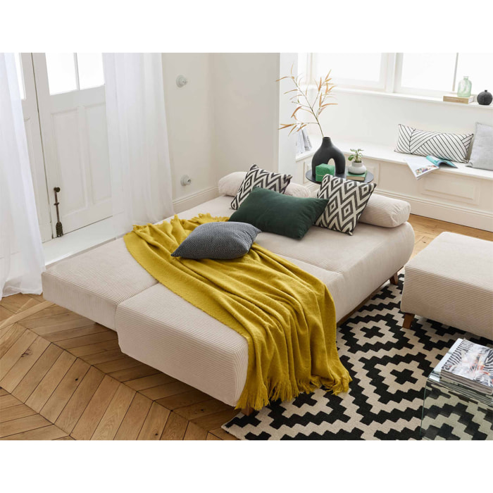 Cristal - canapé 3 places - convertible avec coffre et pouf - en velours côtelé - Beige