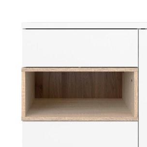 Credenza a due ante e un cassetto, colore bianco con un vano di colore rovere, Misure 88 x 118 x 36 cm