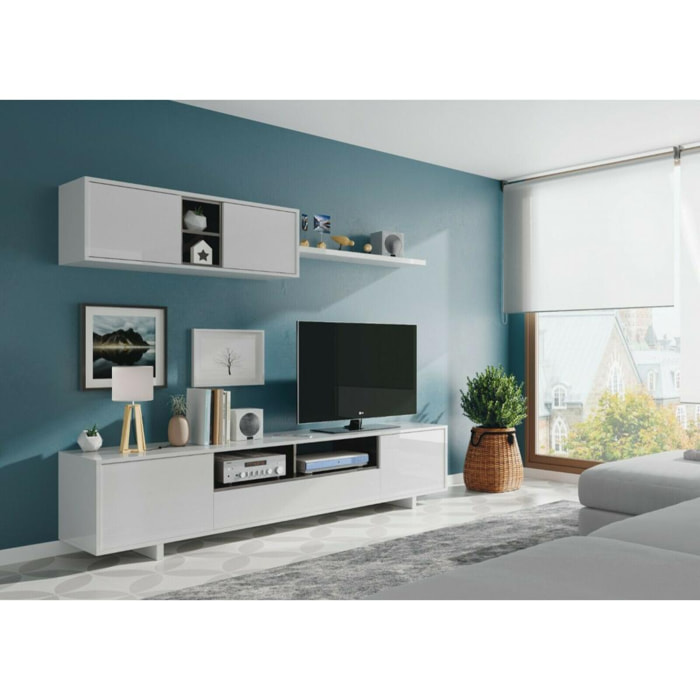 Parete attrezzata Hartford, Mobile da soggiorno porta TV, Composizione set salotto, Set salotto con pensile, cm 260x41h46, Bianco lucido