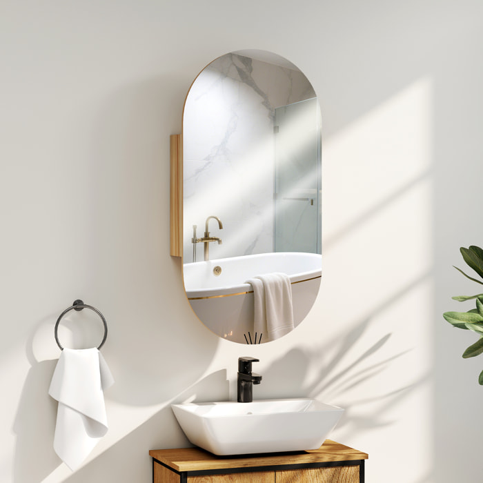 Armoire miroir design ovale dim. 45 x 90 cm étagère effet bois clair