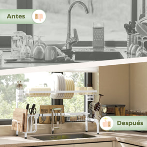 Escurreplatos sobre Fregadero de Acero Escurridor de Platos de 2 Niveles con Soporte para Tabla de Cortar Soporte de Cubiertos 100x30x54,5 cm Blanco