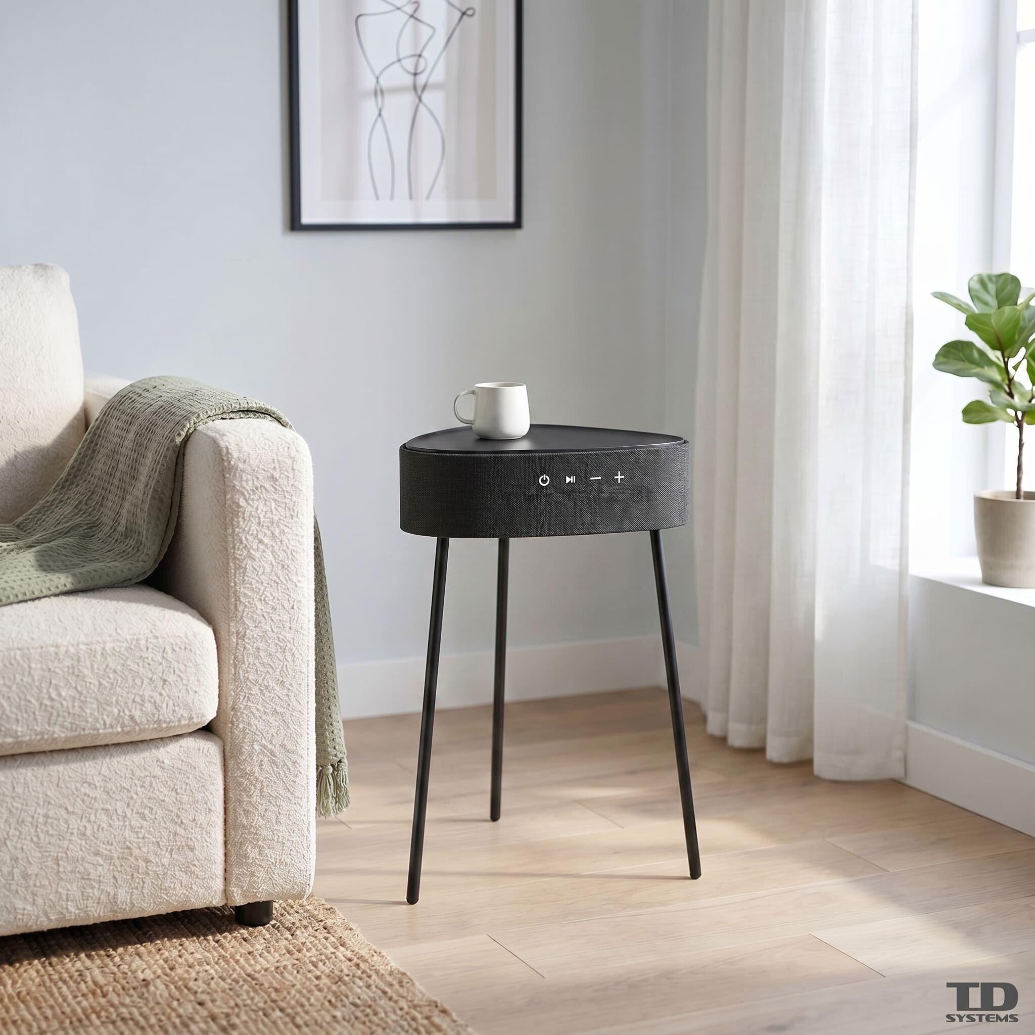 Mesa auxiliar altavoz portátil con sonido de 20W, Bluetooth, Base de carga inalámbrica, batería de 2500mAh. Mesilla o mesita para dormitorio o sala de estar - TD Systems SM20B11PGO [Gris oscuro]