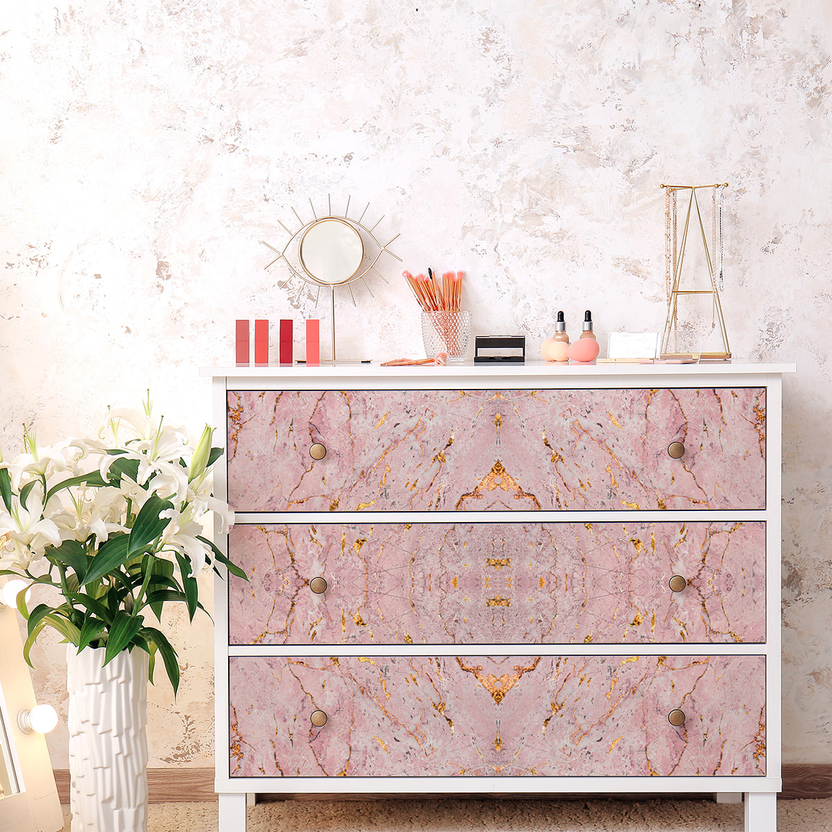 Sticker meuble marbre doré et rose 60 x 90 cm