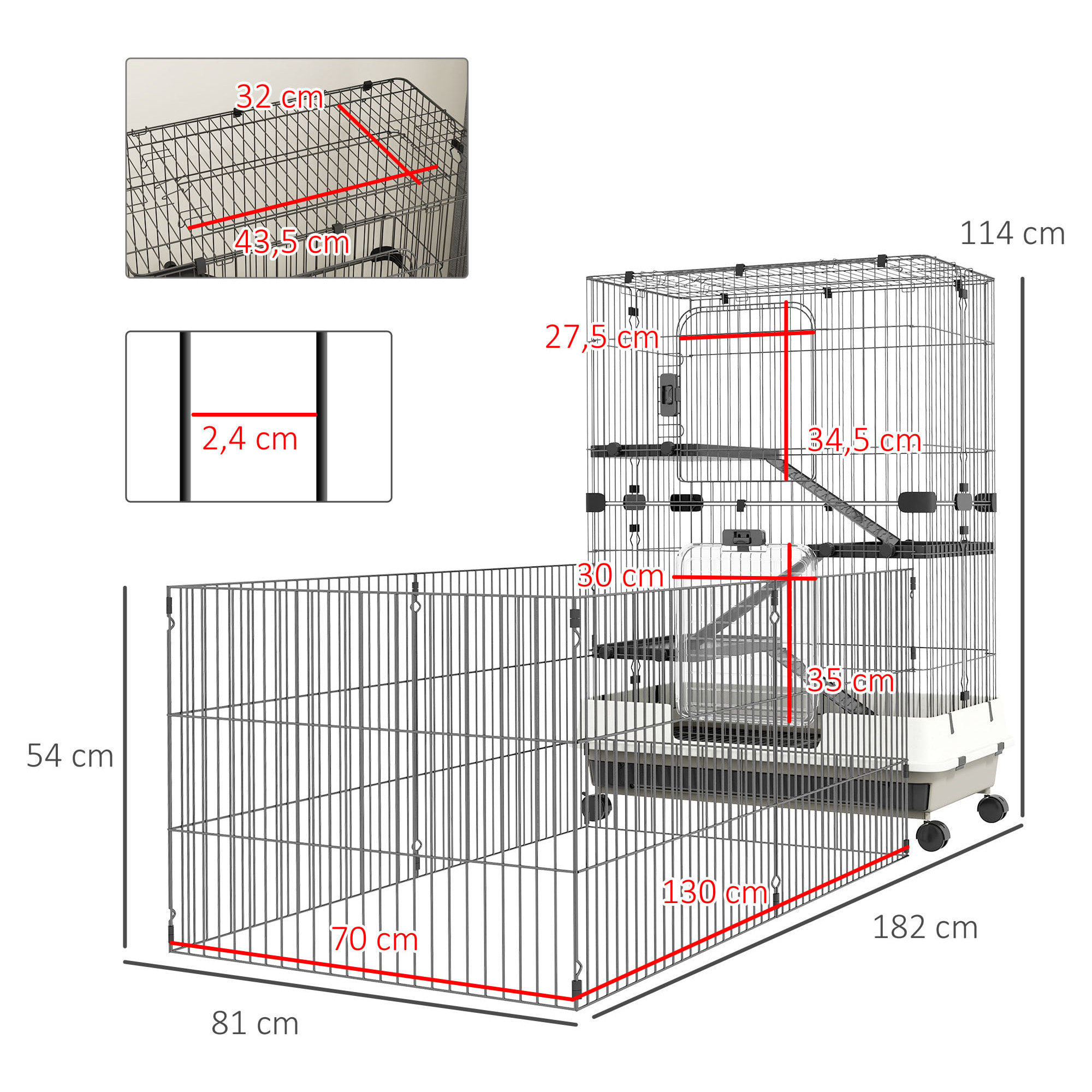 Cage pour petits animaux roulante 3 plates-formes démontables 3 rampes plateau inférieur amovible métal PP 182 x 81 x 114 cm noir