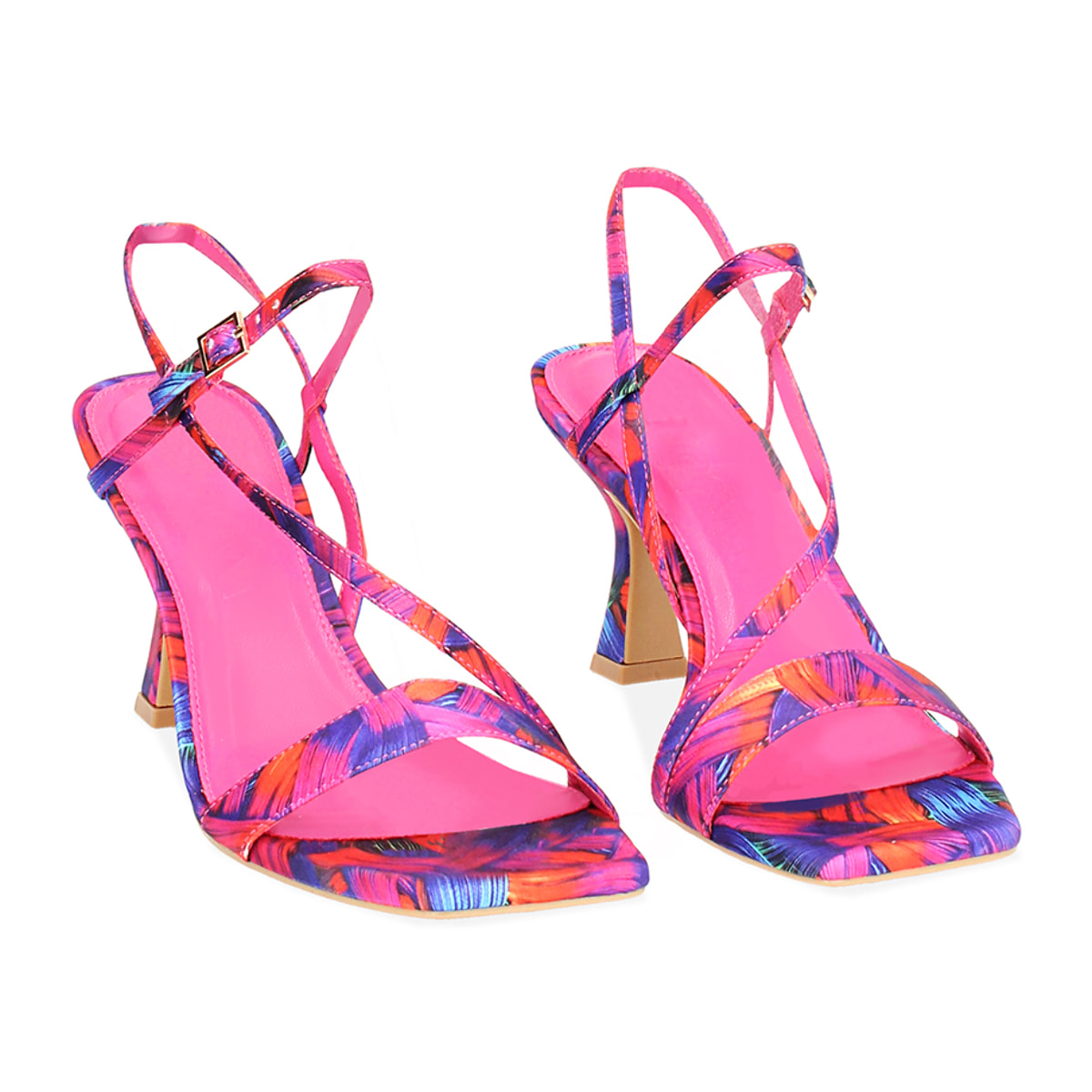 Sandalo donna multicolor-blu arancio in raso, tacco 7,5 cm