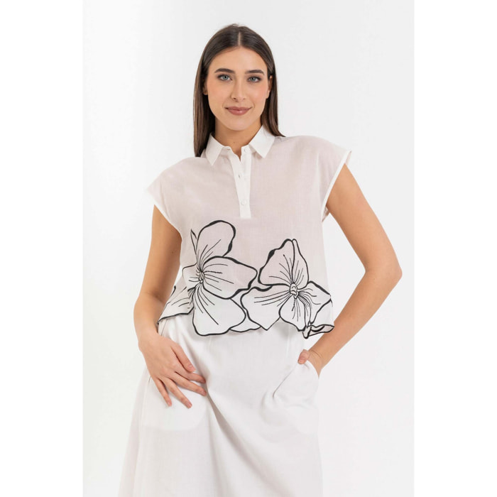 Kocca - Blusa donna 100% cotone con colletto e motivo floreale Donna