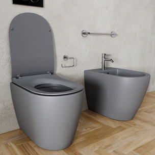 Coppia Sanitari Filomuro Filo Muro Filo Parete Vaso WC E Bidet Design Moderno In Ceramica Con Copriwater Chiusura Soft Close Rallentata Grigio Opaco