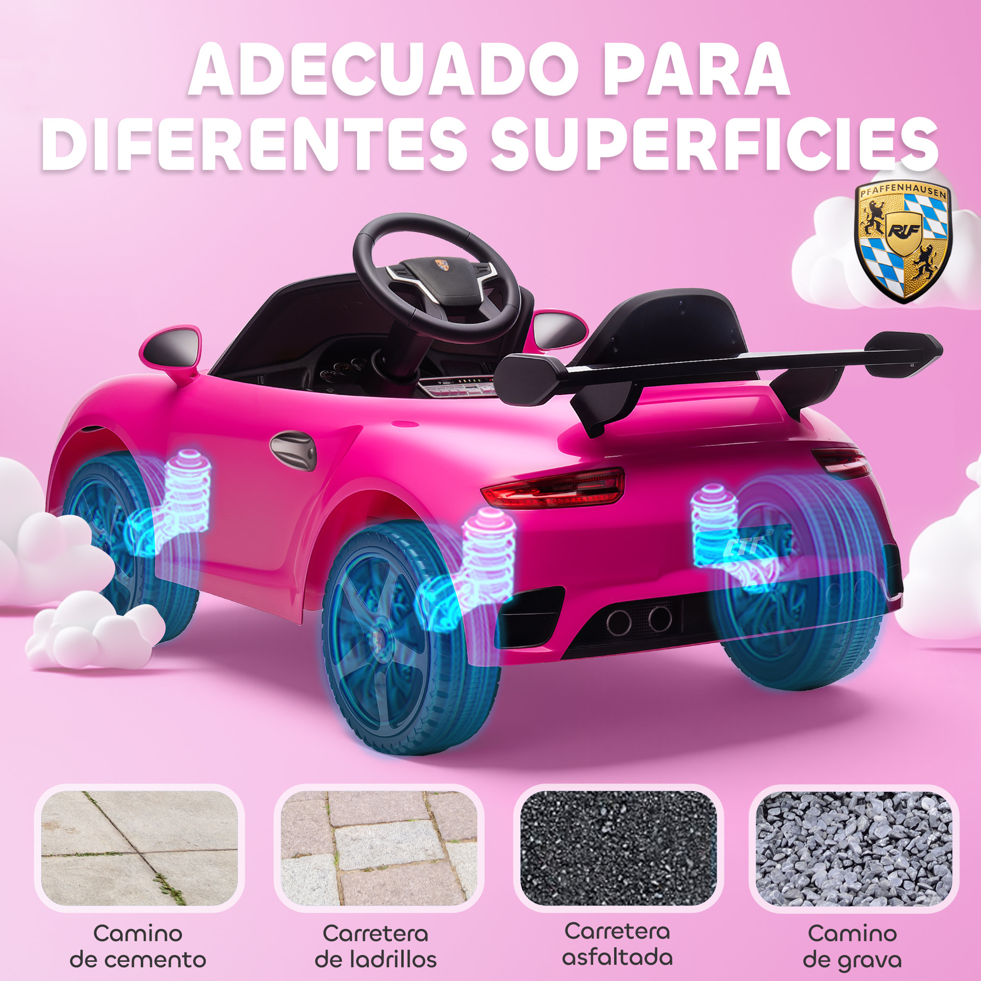 Coche Eléctrico para Niños con Licencia RUF CTR 3 Clubsport, Coche de Batería 12V, con Mando a Distancia 2,4 G, Motor Doble, Música Inalámbrica, Bocina, Ruedas Auxiliares y Faros LED, Rosa