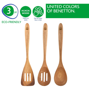 Set 3pc utensilios cocina (rasera ranurada + cucharón + cuchara ranurada) madera de acacia, Benetton