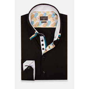 Camicia Uomo 2 Bottoni Button Down Triplo Collo Slim Satin Unito Nero