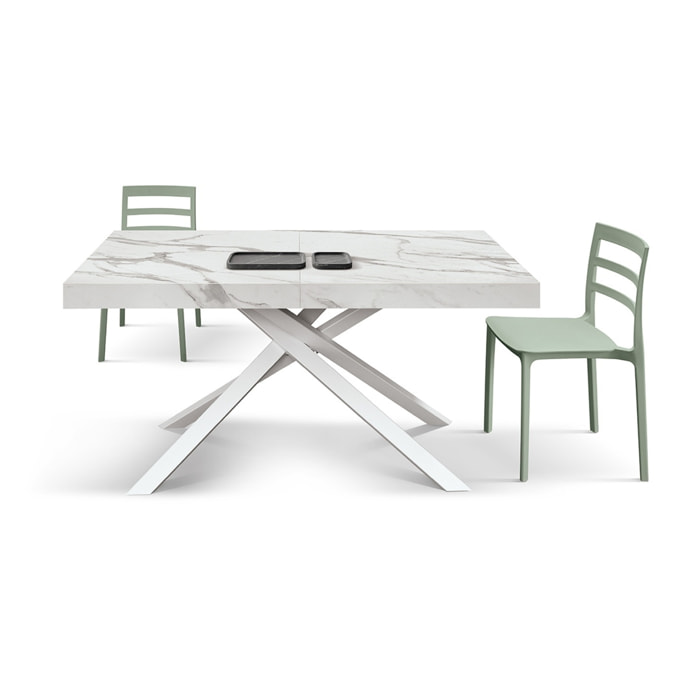 Tavolo FORTE DEI MARMI in legno, finitura bianco statuario e base in metallo bianco, allungabile 140x90 cm - 220x90 cm