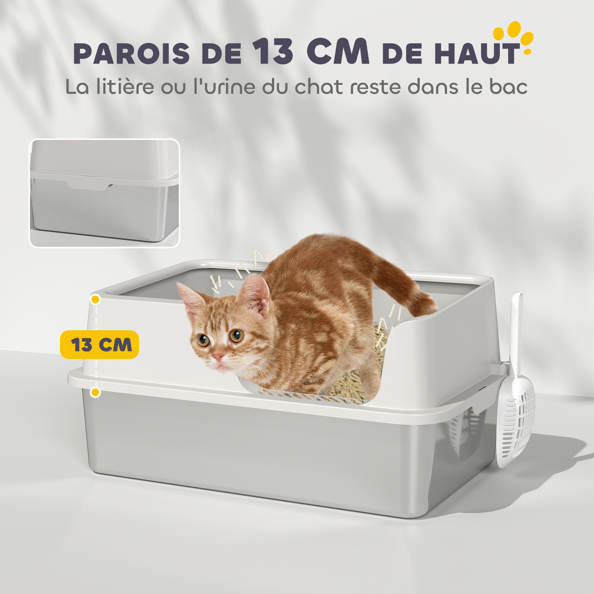 Maison de toilette bac à litière pour chat dim. 60 x 40 x 28 cm acier inox plastique gris clair