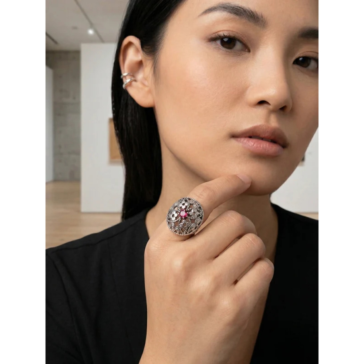 Anillo redondo Vintage con cristal Sw rosa plata 10µ