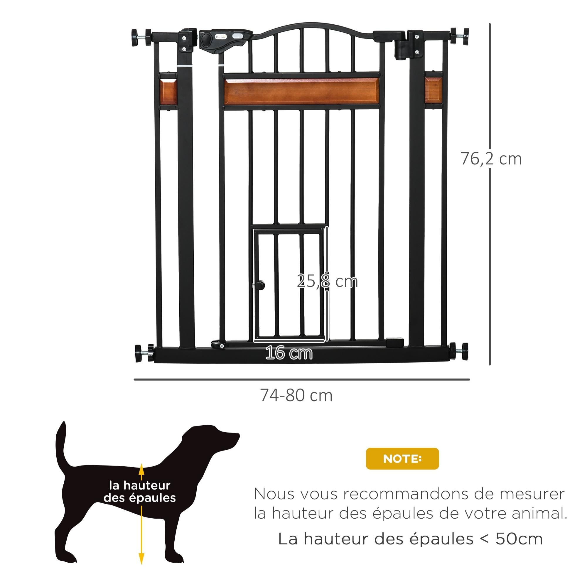 Pawhut - Barrière de sécurité animaux - longueur réglable dim. 74-80 cm - 2  portes verrouillables, ouverture double sens - sans perçage - acier noir  pin