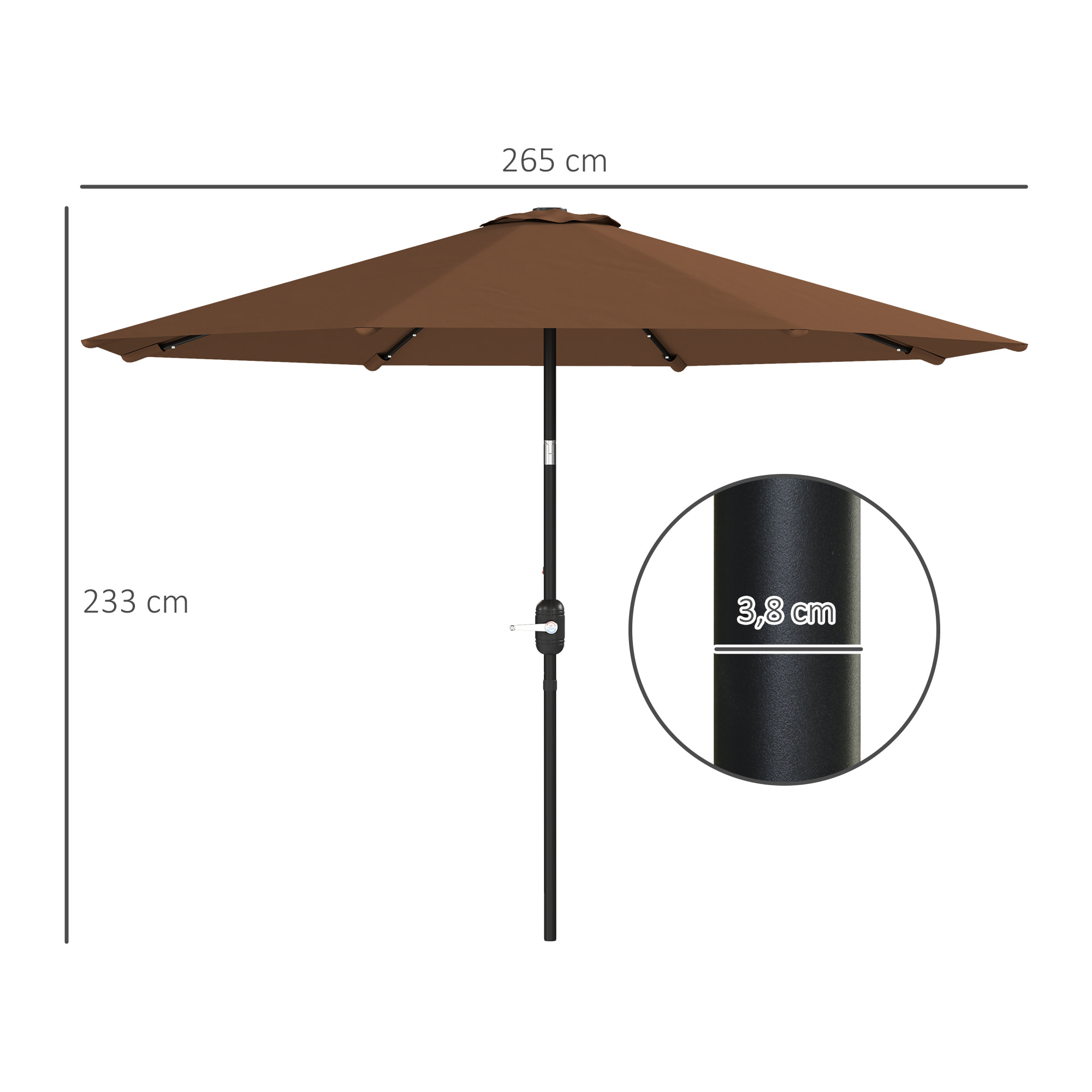Sombrilla Terraza Exterior Ø265 cm Sombrilla de Jardín con 32 Luces LED Solares Poste de Acero y Manivela Parasol Inclinable para Patio Terraza Marrón
