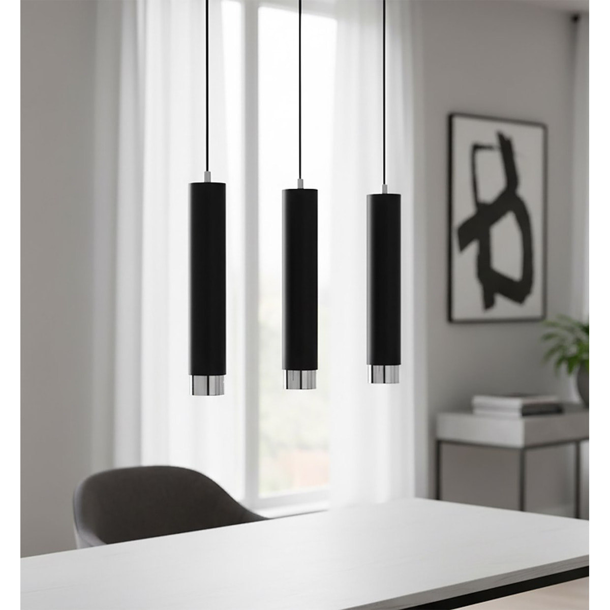 Lampada a sospensione Kibo in acciaio nero con finiture cromate