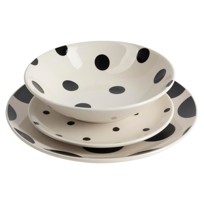 Set de vajilla de 12 piezas de gres con lunares negros (4 platos llanos 27 cm, 4 platos hondos 21 cm y 4 platos de postre 19 cm) – Dots La Maison