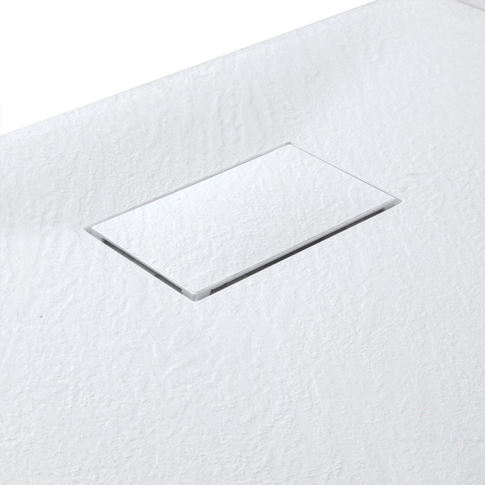 Piatto Doccia Spessore 2.6 Cm Resina SMC Effetto Pietra Stone Ardesia Antiscivolo Riducibile Filopavimento Con Griglia Di Copertura Bianco 80x150 Cm
