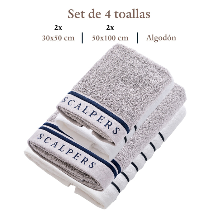 Set de 4 toallas: 2 de invitados (50x30) y 2 de lavabo (100x50) 100% algodón, 470 gsm, juego en gris y en blanco scalpers home