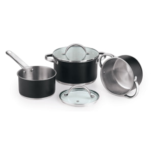 Set de 3 sartenes ø20ø24ø28cm aluminio forjado + batería de cocina 5pzs (2 cacerolas c/tapa + cazo) san ignacio