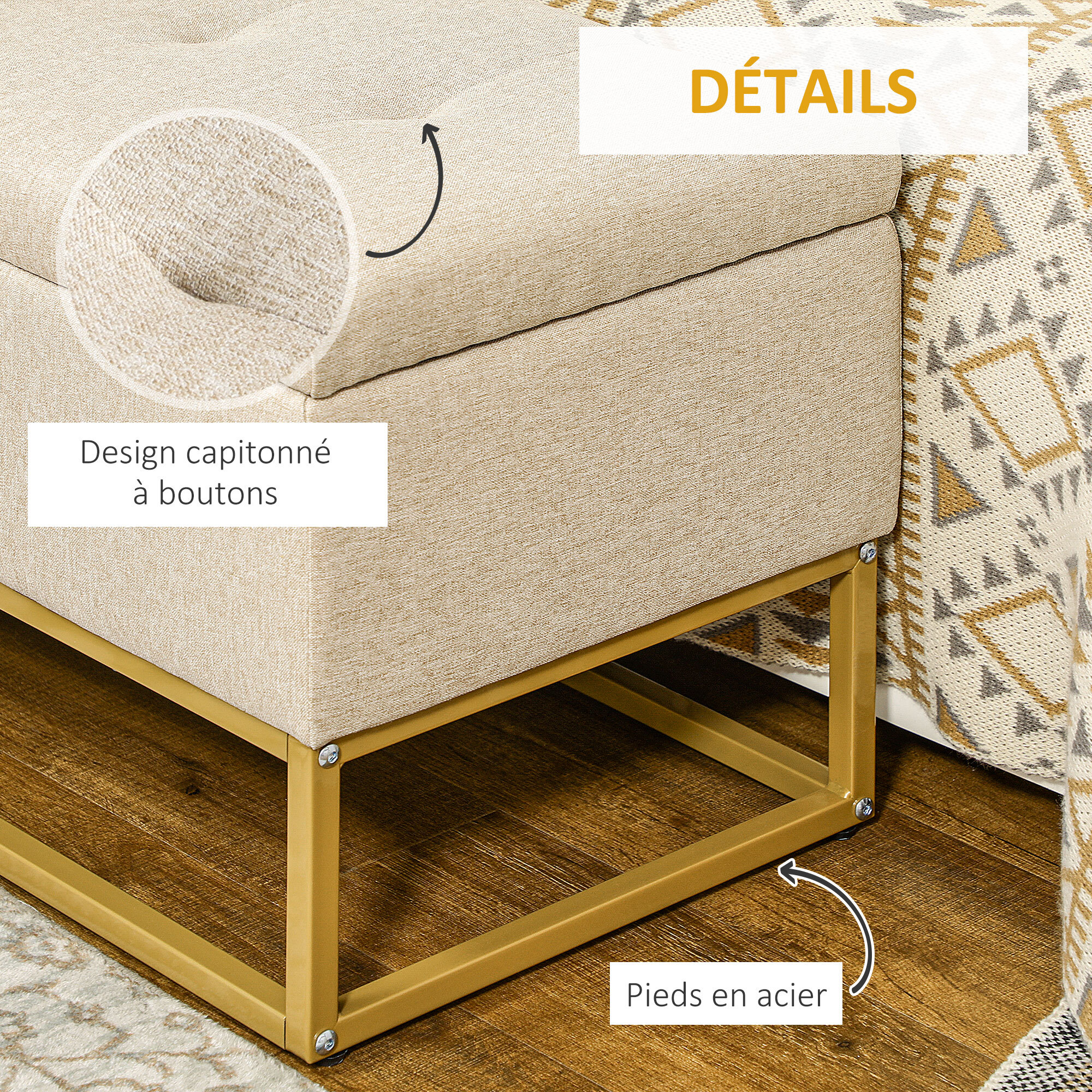 Banc banquette coffre de rangement 2 en 1 piètement acier doré assise capitonnée tissu beige