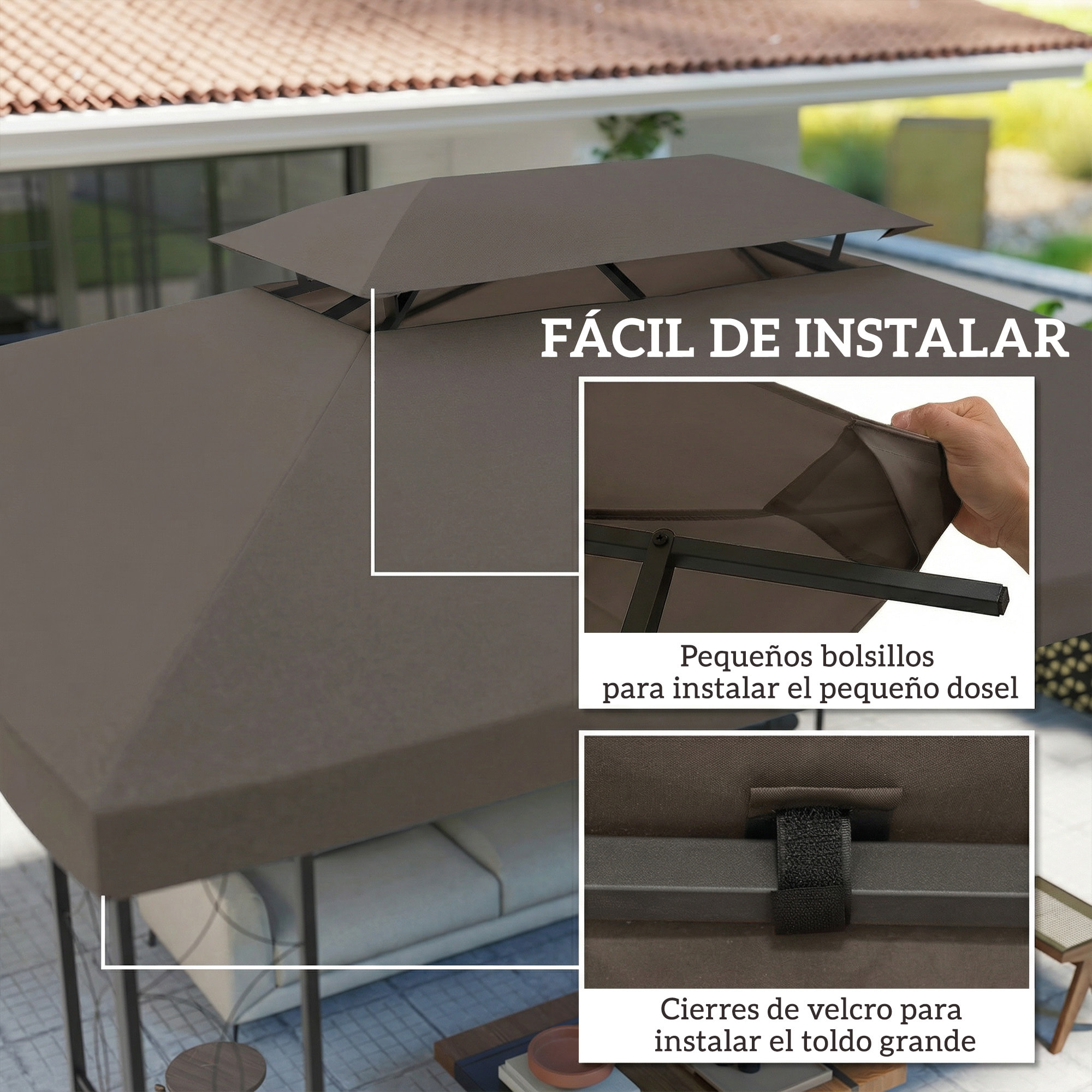 Techo de Repuesto para Cenador, 4x3 m, Cubierta de Repuesto con Techo Doble, 10 Orificios de Drenaje y Protección UV, SOLO Toldo de Recambio para Pabellón Gazebo, Marrón