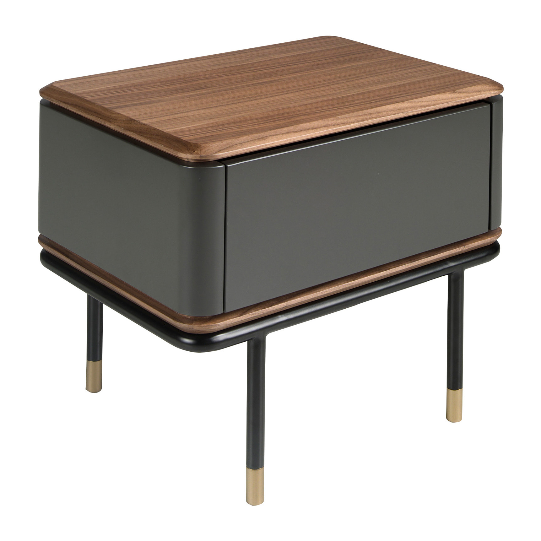 Mesita de noche Angel Cerdá de madera de MDF en gris oscuro en mate y patas de acero inoxidable en negro tapa de madera chapada en nogal 60x45x50cm