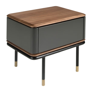 Mesita de noche Angel Cerdá de madera de MDF en gris oscuro en mate y patas de acero inoxidable en negro tapa de madera chapada en nogal 60x45x50cm