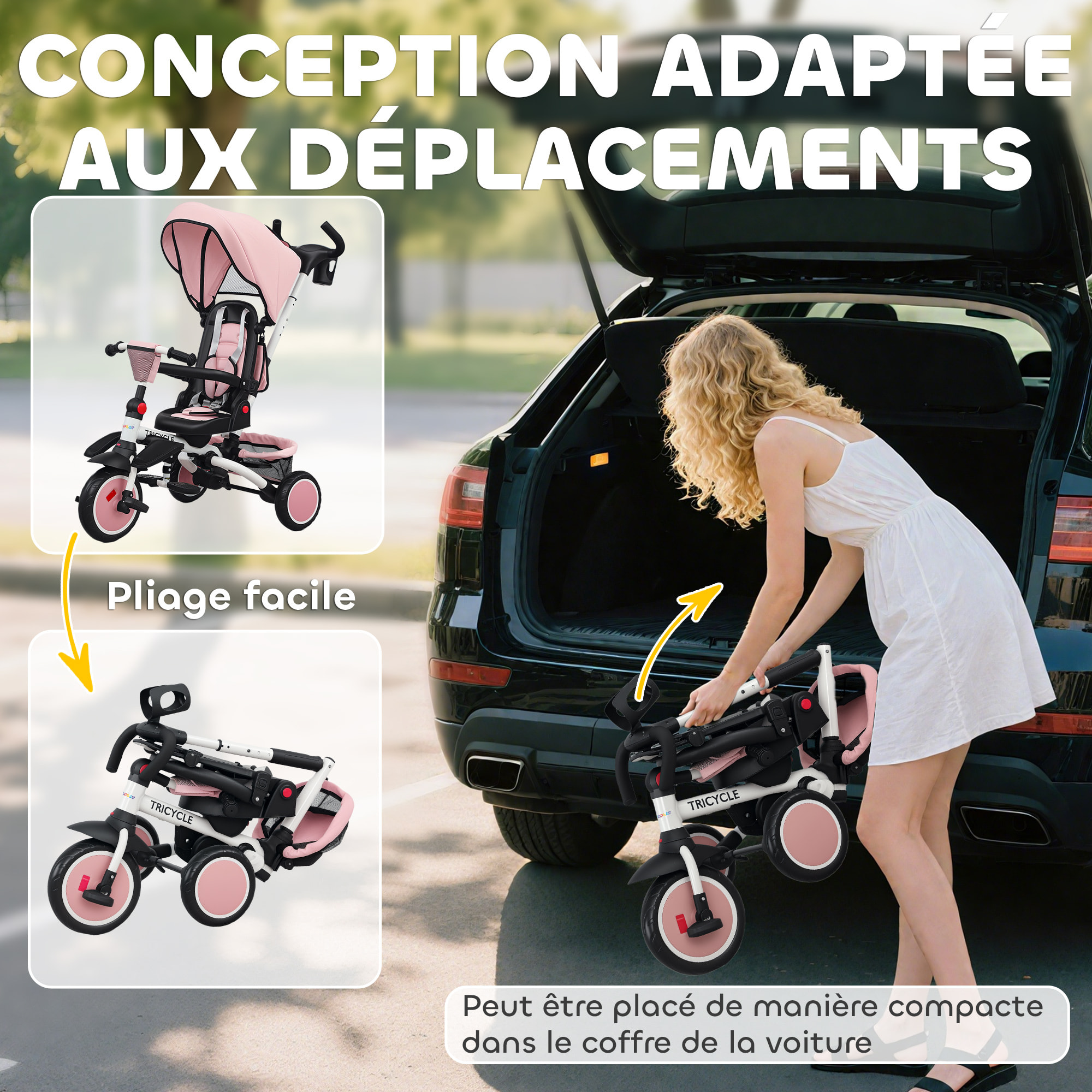 Tricycle évolutif pliable réglable 6 en 1 rose