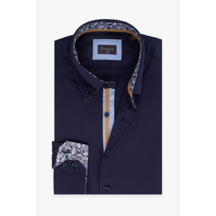 Camicia Uomo 2 Bottoni Button Down Slim Satin Unito Blu
