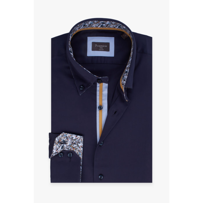 Camicia Uomo 2 Bottoni Button Down Slim Satin Unito Blu