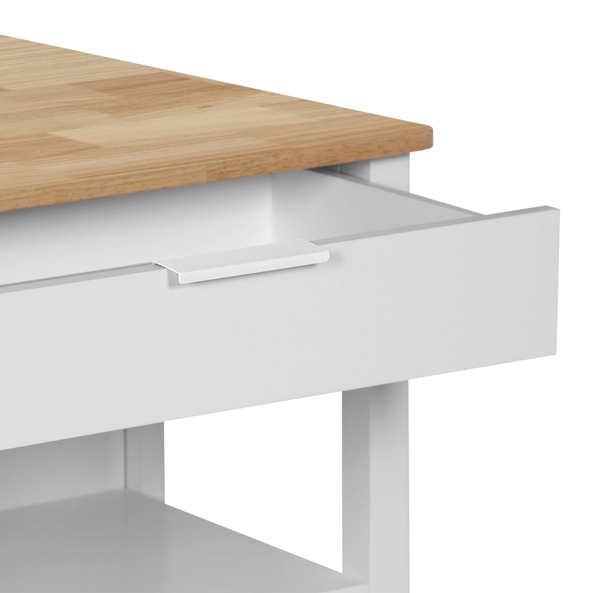 Îlot central de cuisine MOLENE. plateau en bois d'hévéa. 120x75cm. blanc. 5 étagères. 1 porte. 1 tiroir. L 120 x P 75 x H 90cm