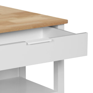 Îlot central de cuisine MOLENE. plateau en bois d'hévéa. 120x75cm. blanc. 5 étagères. 1 porte. 1 tiroir. L 120 x P 75 x H 90cm