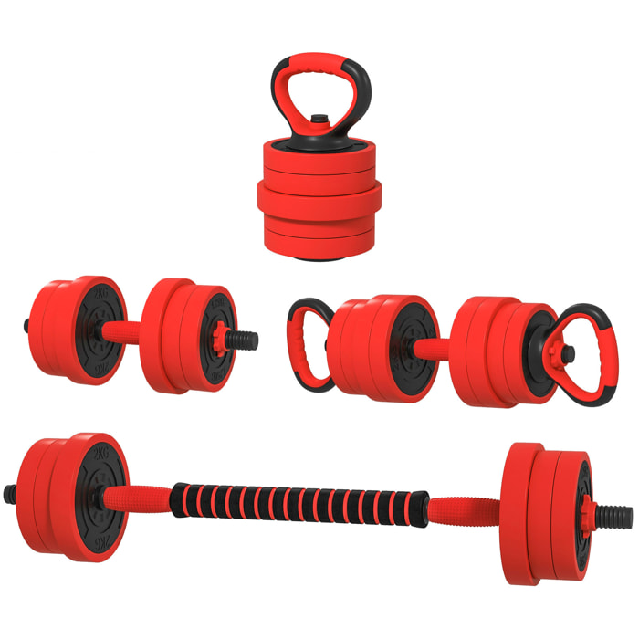 Kit haltères musculation réglables 4 en 1 - total 20 Kg - disques, barres, clips de sécurité inclus - noir rouge