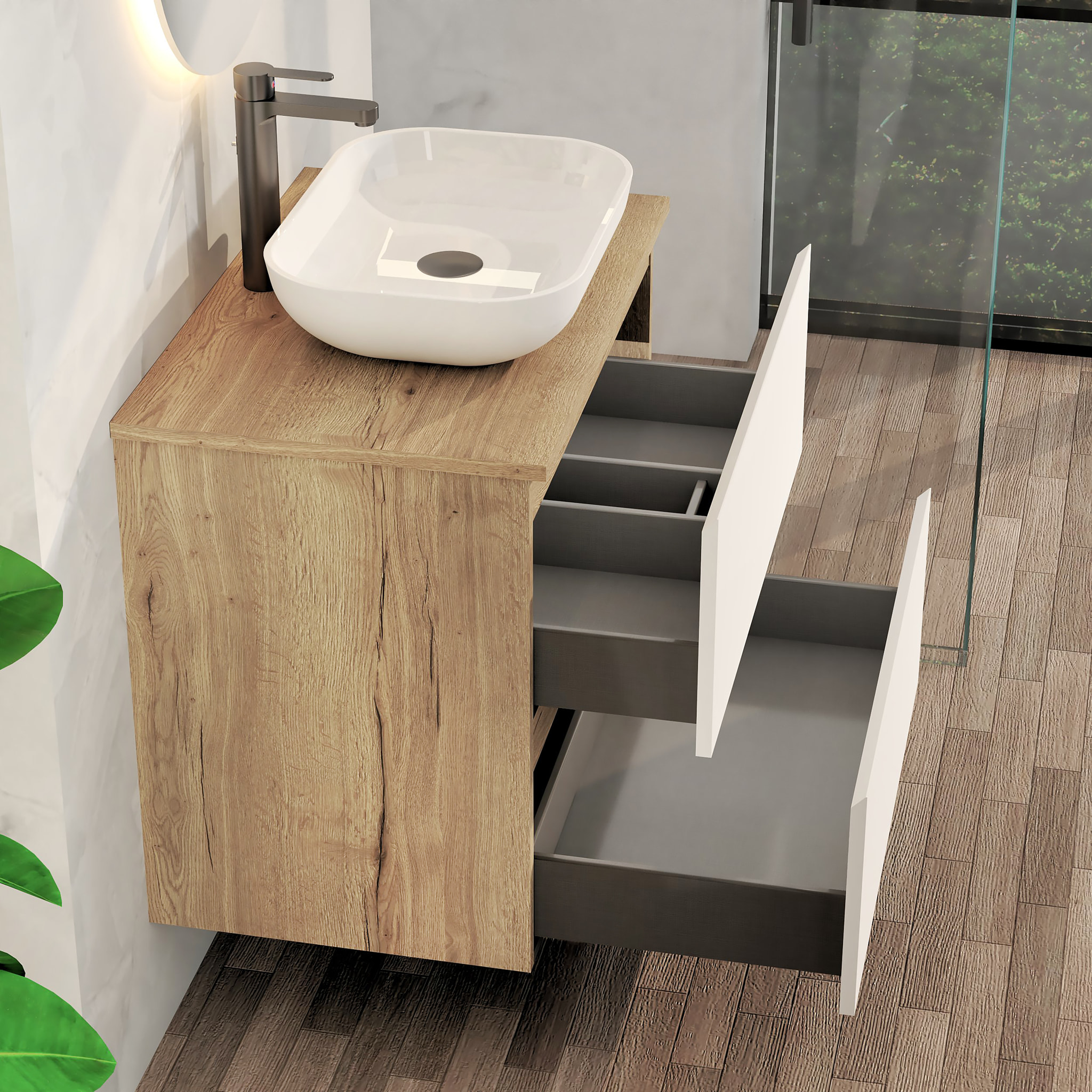 Conjunto de Baño Nia | Mueble Suspendido | 70 cm Blanco | Dos Cajones | Lavabo Sobrepuesto | No incluye Espejo | Mueble Montado| Alday