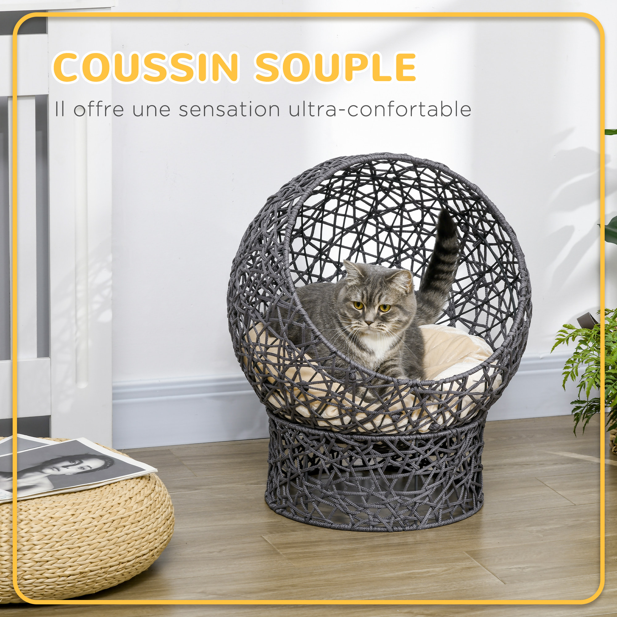 Panier tressé chat gris apia lit chat cosy grand confort dia. 50 x H.60 cm coussin moelleux beige inclus