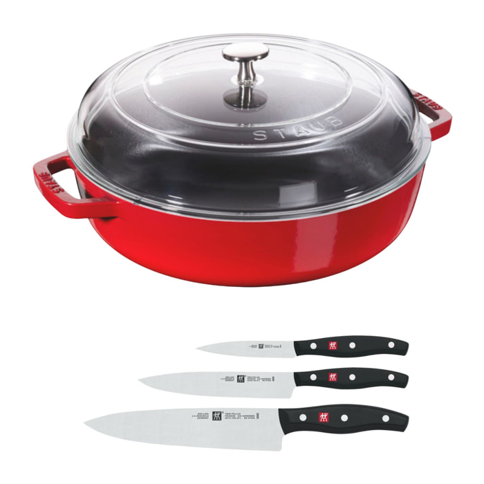 Set de 3 couteaux + Sauteuse cerise 24 cm
