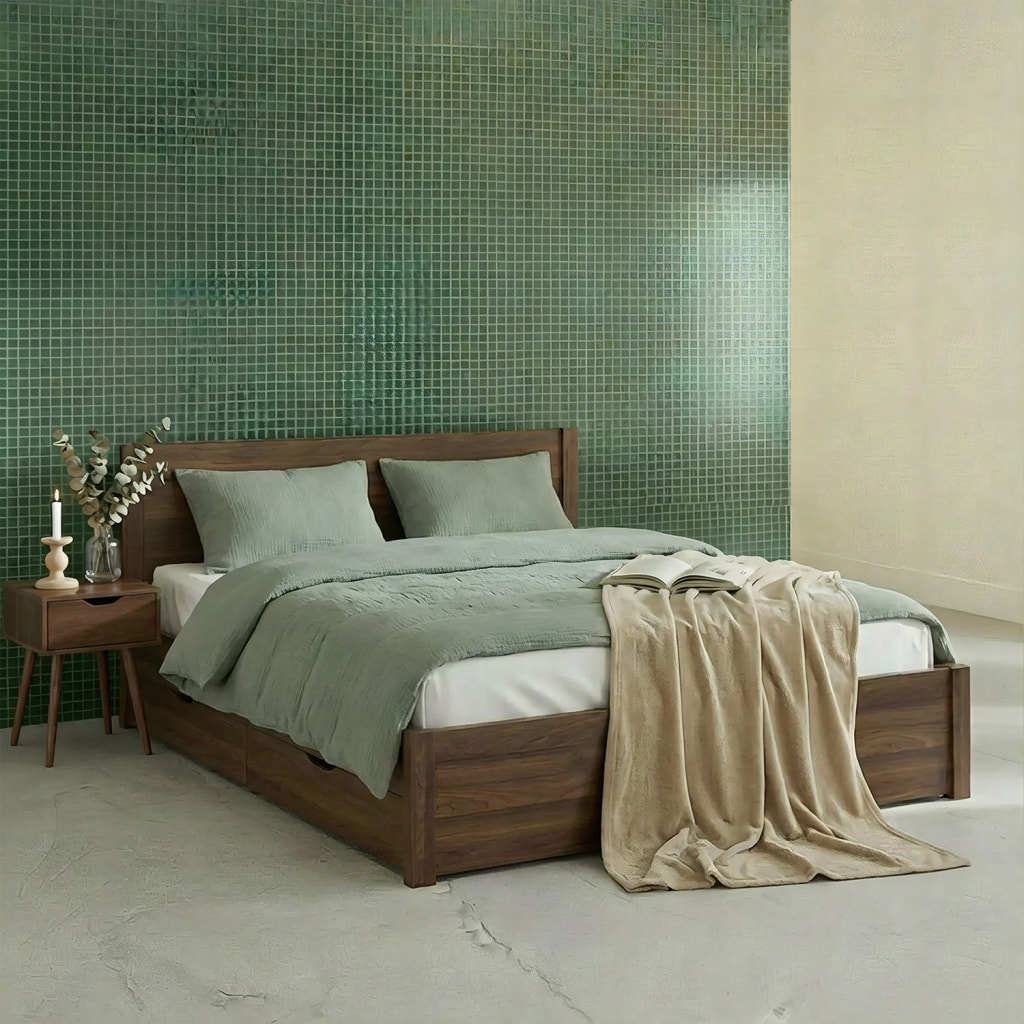 Lit avec sommier à lattes et tête de lit 140 x 190cm + 4 tiroirs décor bois NEPAL