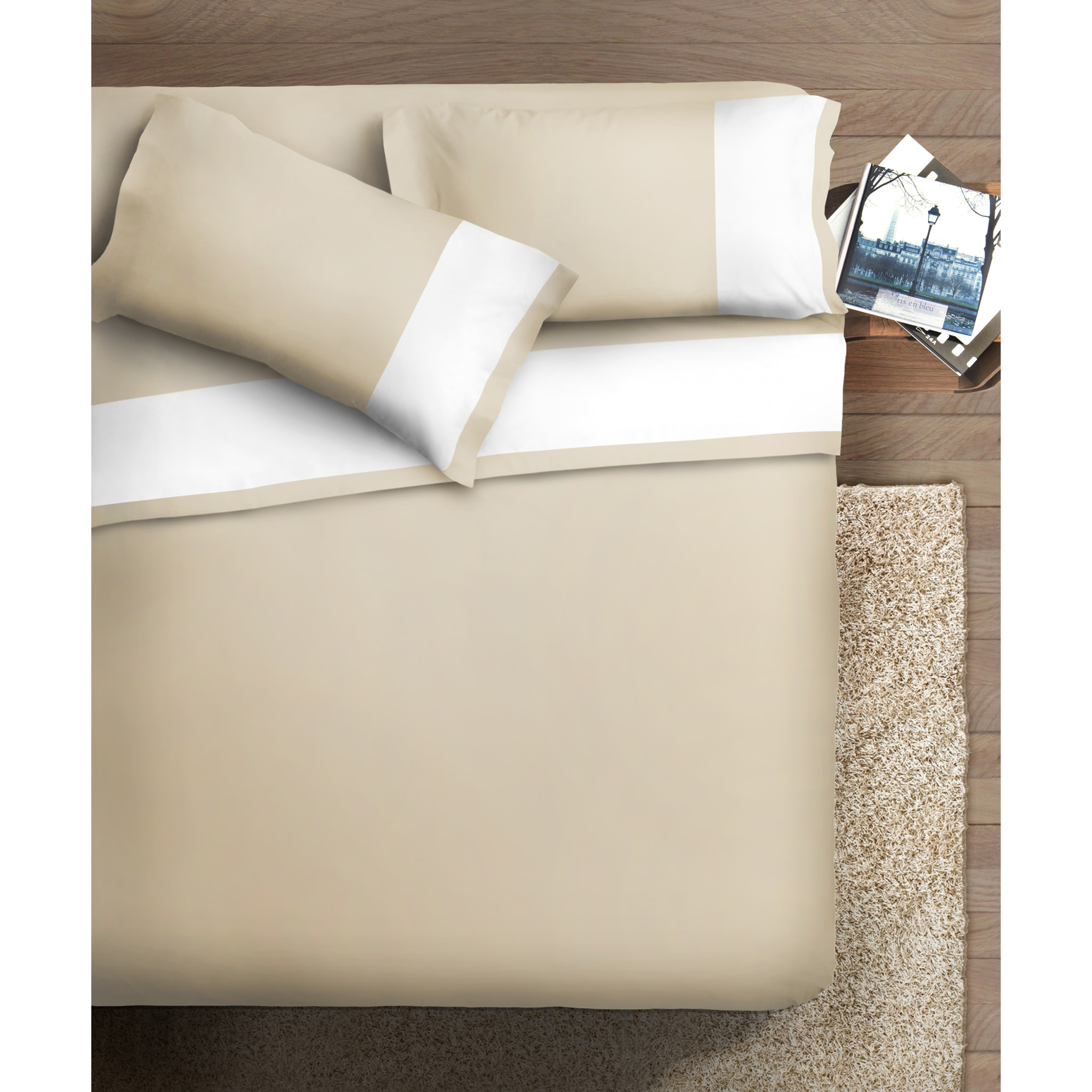 Completo letto bordo RASO IPERSAN Puro Cotone Bianco fondo Panna