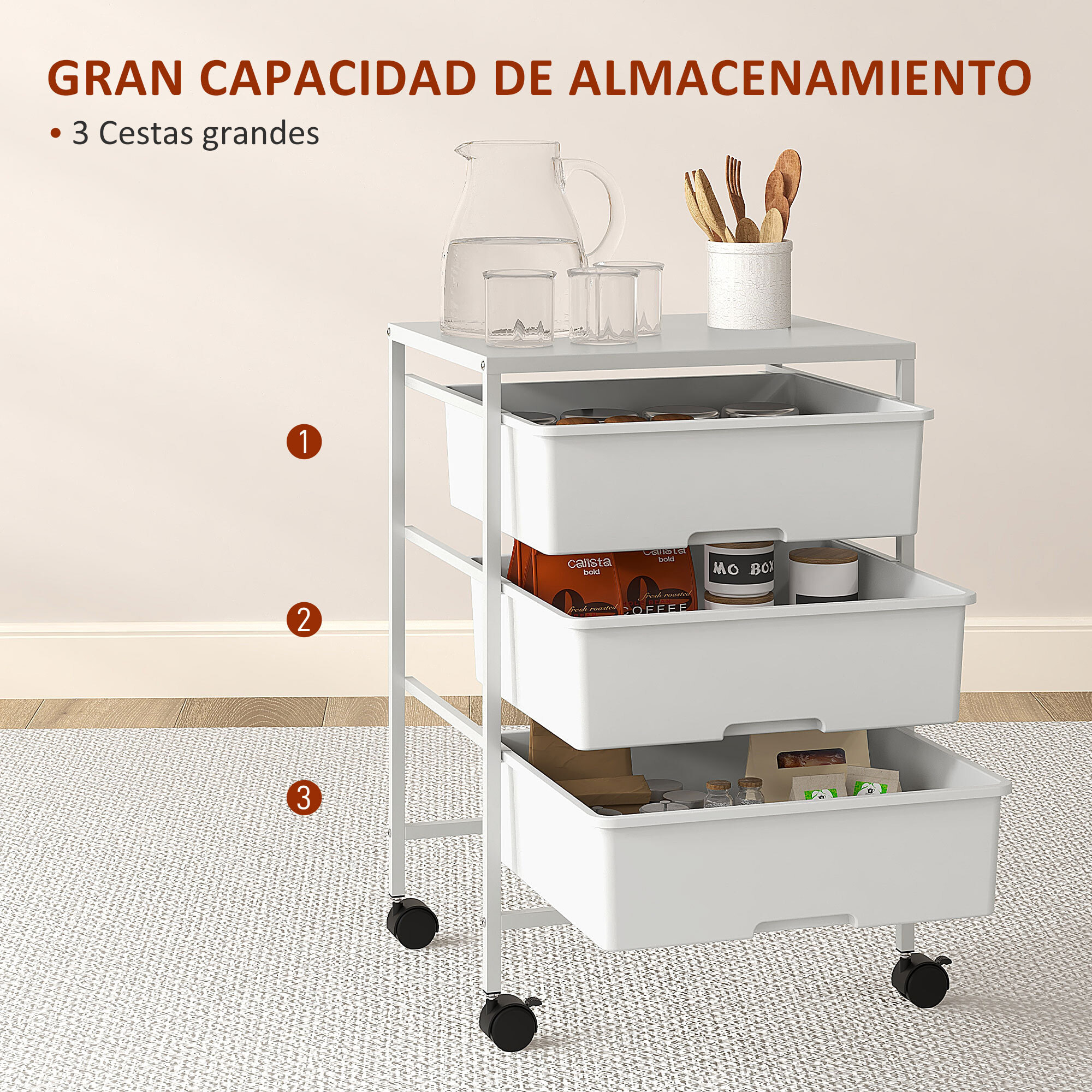 Carrito Auxiliar con Ruedas Carrito de Cocina de 3 Niveles con 3 Cestas para Almacenamiento y Marco de Acero para Comedor Sala Baño 40,8x33,5x60,5 cm Blanco