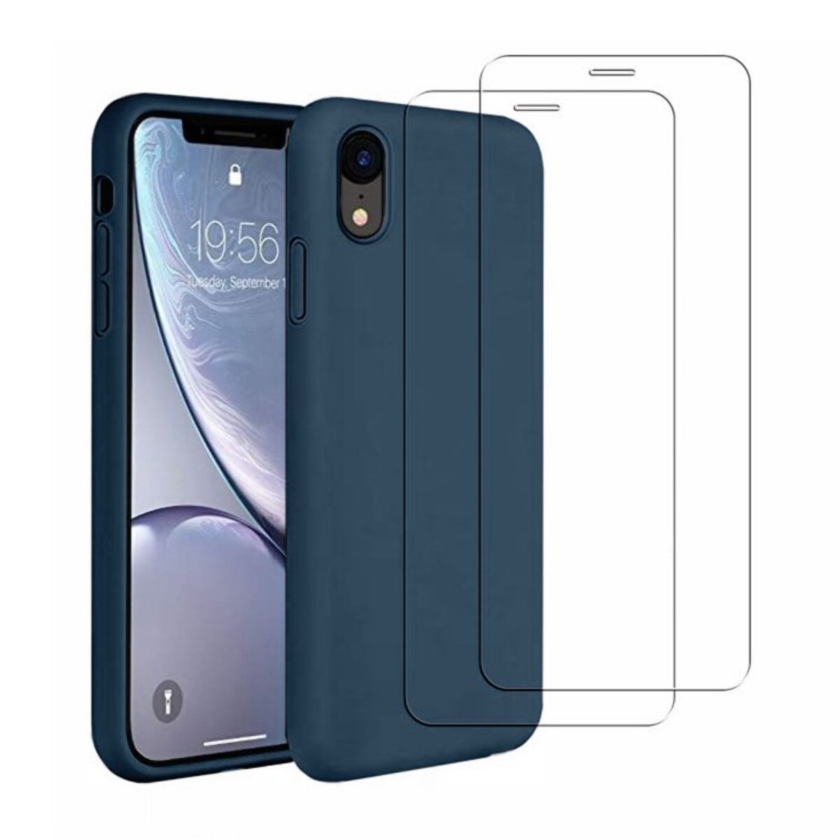 Coque iPhone XR Silicone liquide Bleu Marine + 2 Vitres en Verre trempé Protection écran Antichocs